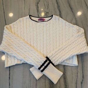 Edikted Cream Cable-Knit Crew Sweater with Black Trim